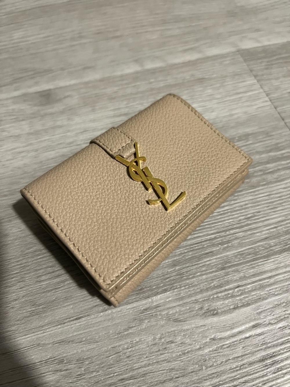 Saint Laurent Beige Pebble Leather Mini Wallet with Gold Logo